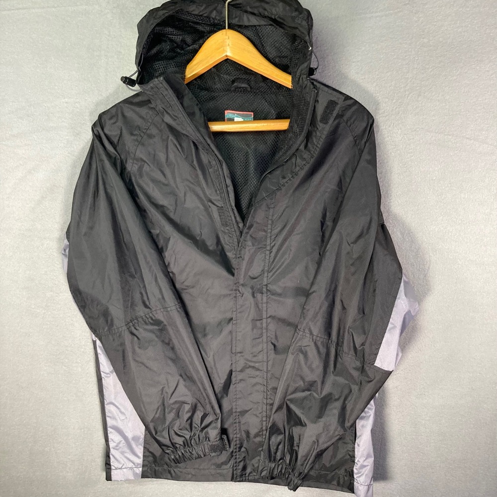 Vintage 80s Rain Jacket Mens‎ M Black Gray Lightweight Hooded Outdoors